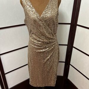 Ralph Lauren Gold Embellished V-Neck Mini Dress